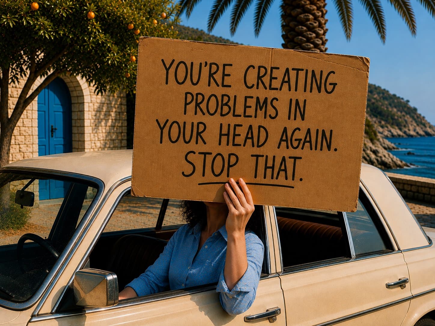 A woman leaning out of a car window holding a cardboard sign that reads: you're creating problems in your head again, stop that.